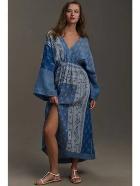 Anthropologie Blue Bandana Paisley Patchwork Gauze Maxi Dress One Size